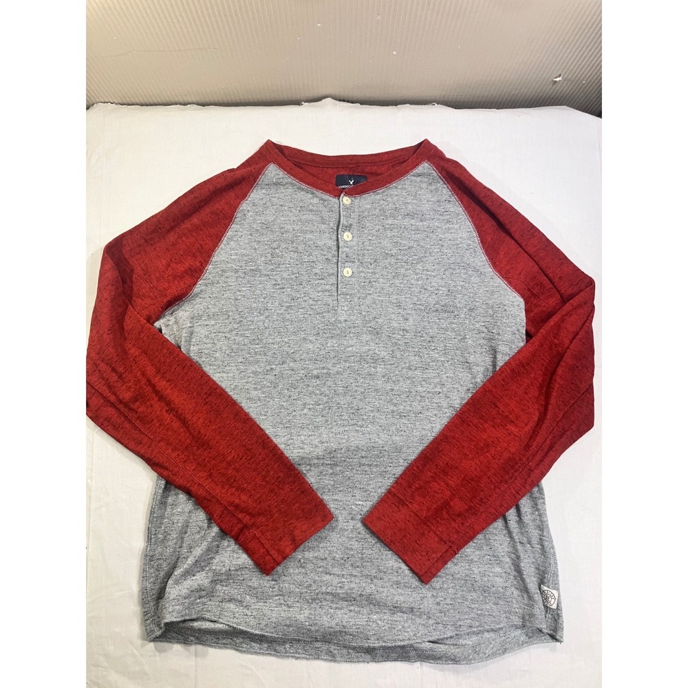 American Eagle Mens XL Henley Long Sleeve Raglan Baseball Shirt Gray Red Heather